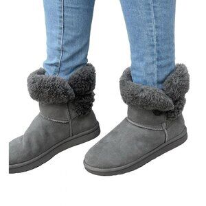 UGG Bailey Button Boots Grey Sheepskin Suede Fur Lined Women’s Size 8